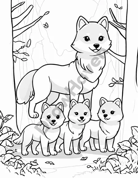 coloring page of a wolf pack journeying through a twilight forest, led by the alpha in black and white