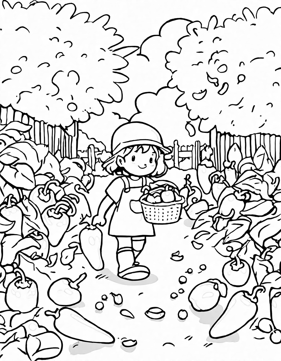 coloring page featuring peter piper picking peppers in a vibrant garden in black and white