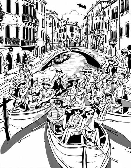 whimsical coloring book scene of vampires in gondolier outfits paddling through venice canals in black and white