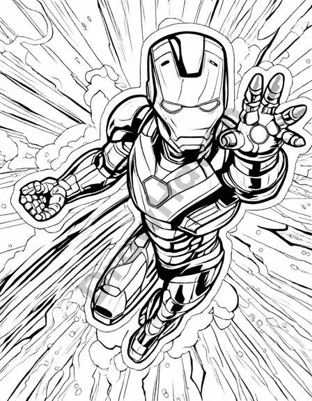 action-packed iron man coloring page with iconic repulsor blasts and rocket boots in black and white
