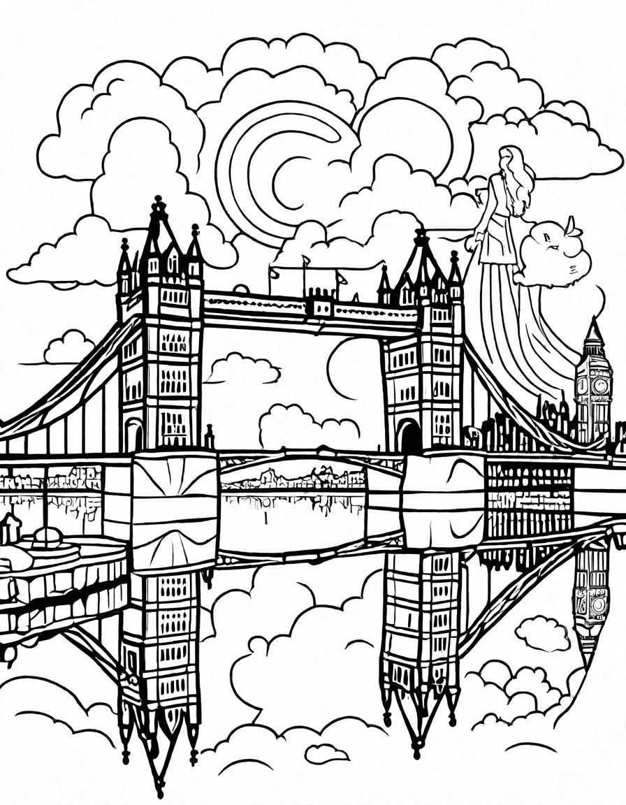 coloring page of tower bridge in london at sunset with reflection in thames river in black and white