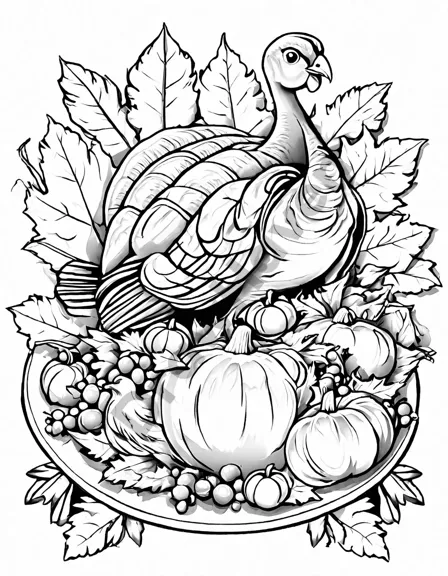 intricate thanksgiving coloring page featuring a turkey, festive food, children, and animals in pilgrim hats in black and white