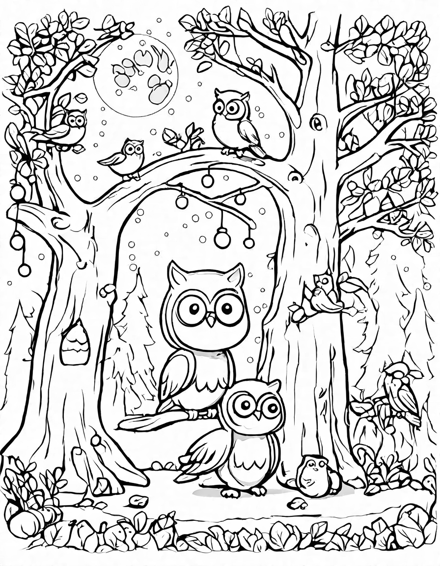 Coloring book image of enchanting treehouse sleepover under a full moon with children, fairy lights, and owls in black and white