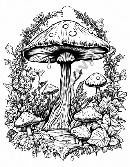 Coloring book image of elfin craftsmen working in a secret garden with mushrooms, vibrant flowers, and magical items in black and white