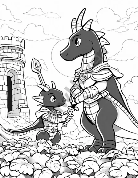 Coloring book image of knights stand at keep entrance facing dragons in the sky at sunset in an epic fantasy scene in black and white