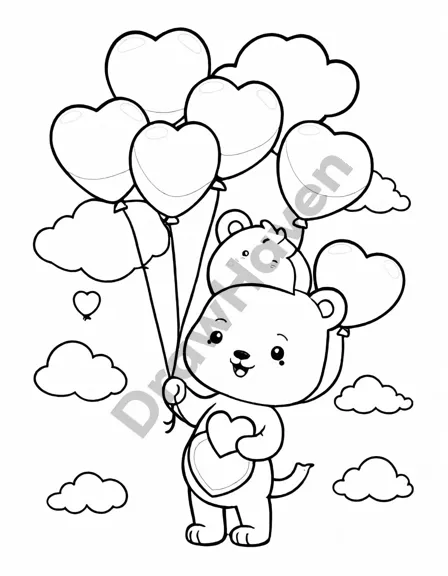 valentine's day coloring book image of heart-shaped balloons against clouds in black and white