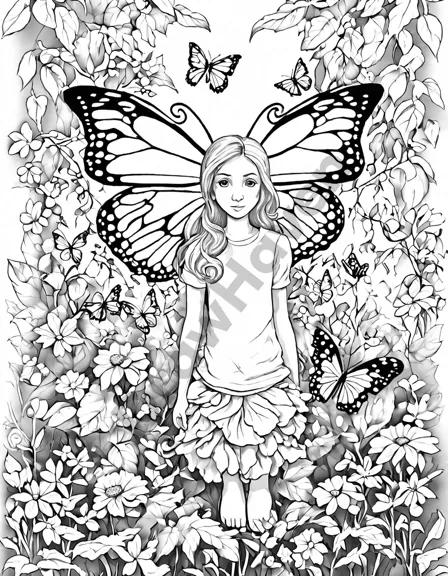 whimsical fairy garden coloring page with blossom the fairy and butterflies in black and white