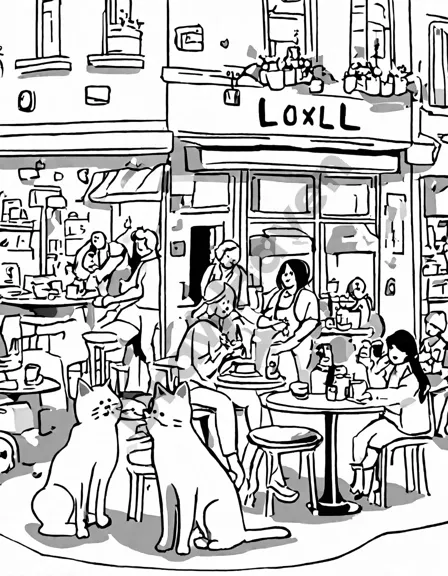 Coloring book image of bustling coffee shop with morning sun, laughing customers, and baristas crafting coffee in black and white
