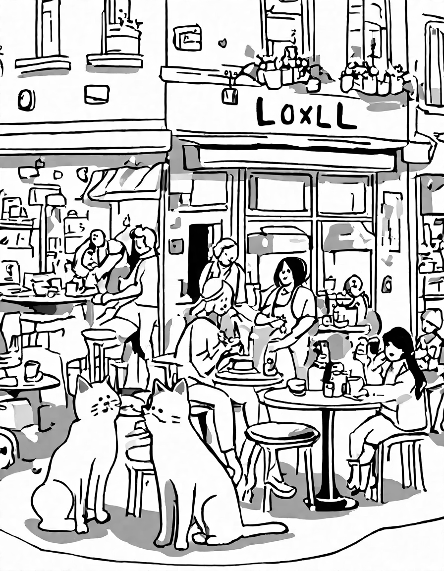Coloring book image of bustling coffee shop with morning sun, laughing customers, and baristas crafting coffee in black and white