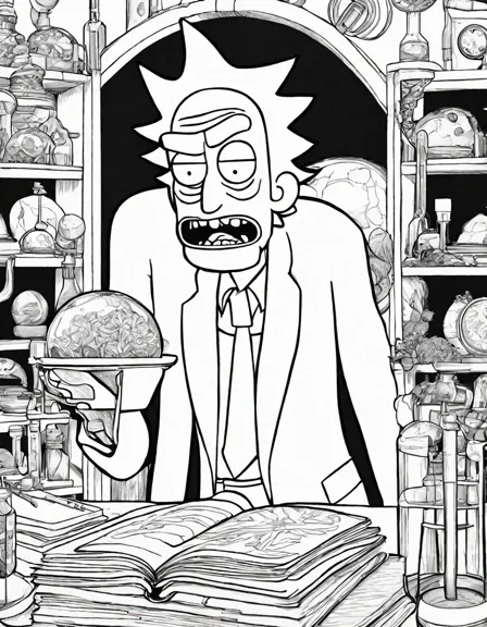 rick sanchez coloring page featuring his inventions and escapades from rick and morty in black and white