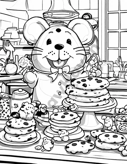 Coloring book image of whimsical kitchen scene featuring a giant glass cookie jar overflowing with cookies of various shapes and sizes. children can count from one to ten while discovering fun patterns and alongside cartoonish mice sneaking cookies from the jar in black and white
