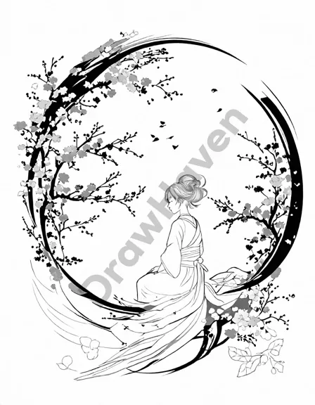 zen calligraphy coloring page with elegant characters, delicate strokes, and minimalist floral motifs for a serene exploration of traditional japanese culture in black and white