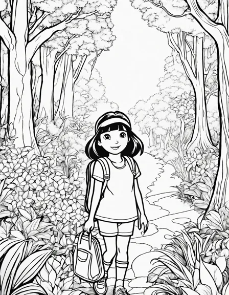 Coloring book image of dora explores the enchanted forest filled with magical animals and hidden surprises in black and white