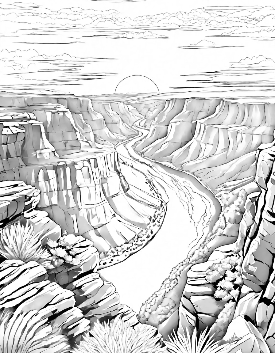 grand canyon sunset coloring page with vibrant hues and colorado river details in black and white