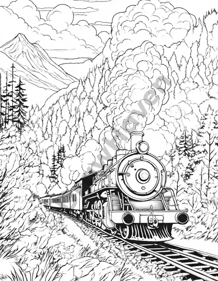 coloring page of a steam train on a mountain pass, with cliffs, forests, and smoke details in black and white