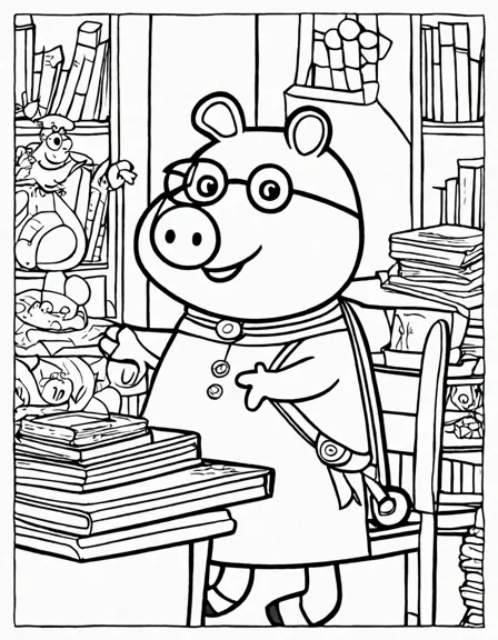 Coloring book image of gazelle sits excitedly at her school desk, beaming with joy and surrounded by a colorful classroom filled with books and toys in black and white