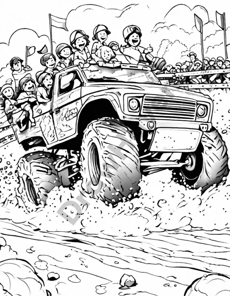 Coloring book image of mud racing: the dirty challenge with trucks racing & fans cheering in the background in black and white