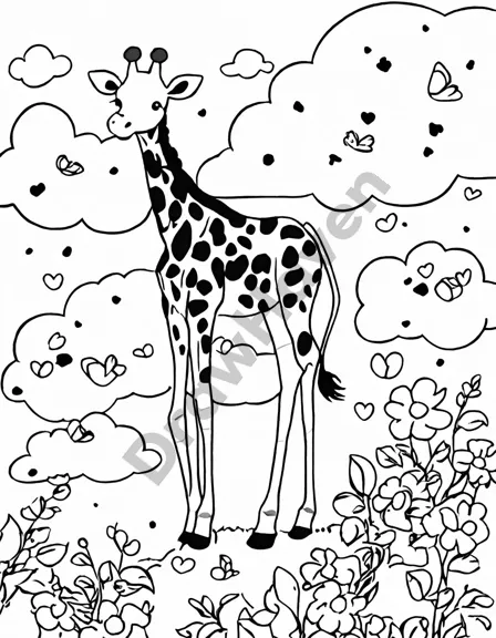 graceful giraffe towers towards the sky, long neck reaching for leaves, intricate patterns on its coat invite artistic expression, g for giraffe coloring page in black and white