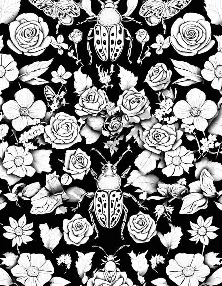 coloring book page with beetles in a flower garden, featuring roses, daisies, and orchids in black and white