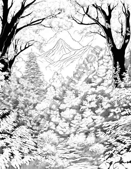 nature scene coloring page with mountains, trees, and forest floor in black and white