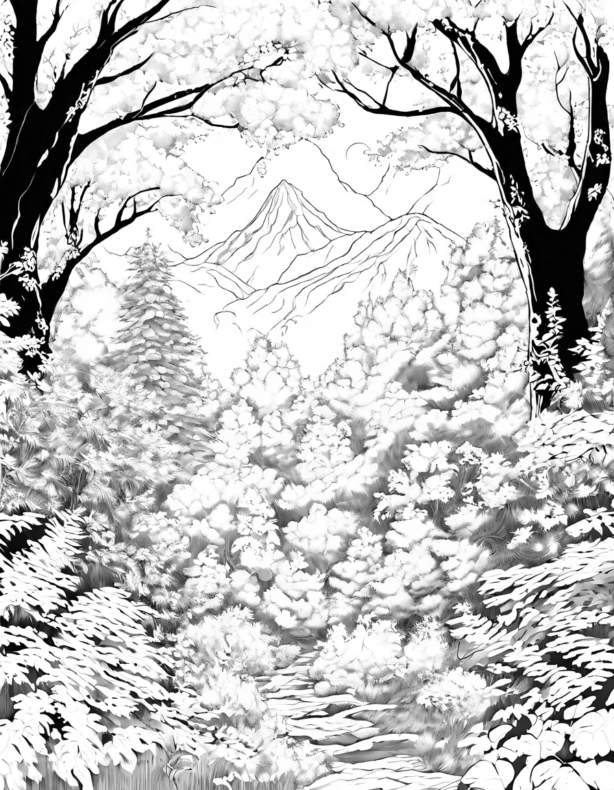 nature scene coloring page with mountains, trees, and forest floor in black and white