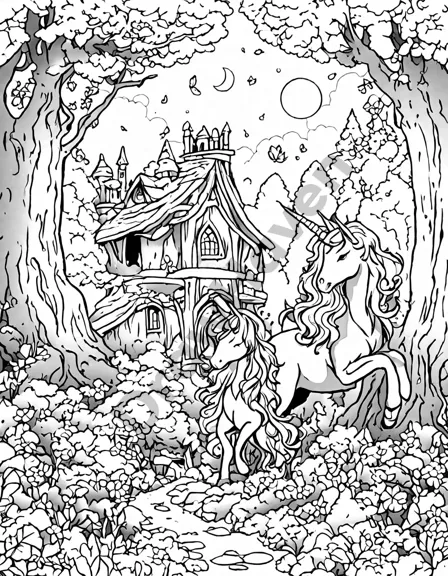 coloring book page of a mystical forest with creatures, ancient trees, and sparkling flowers in black and white
