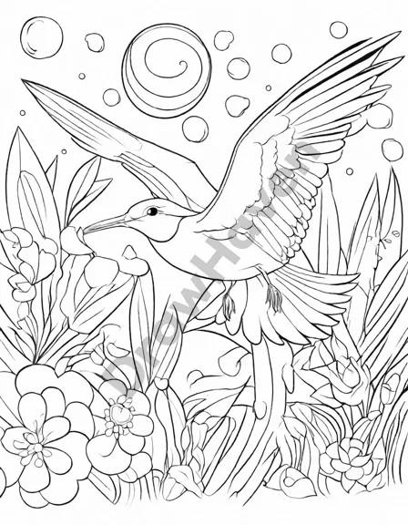Coloring book image of arctic tern gliding with spread wings over cerulean sky and rolling waves in black and white