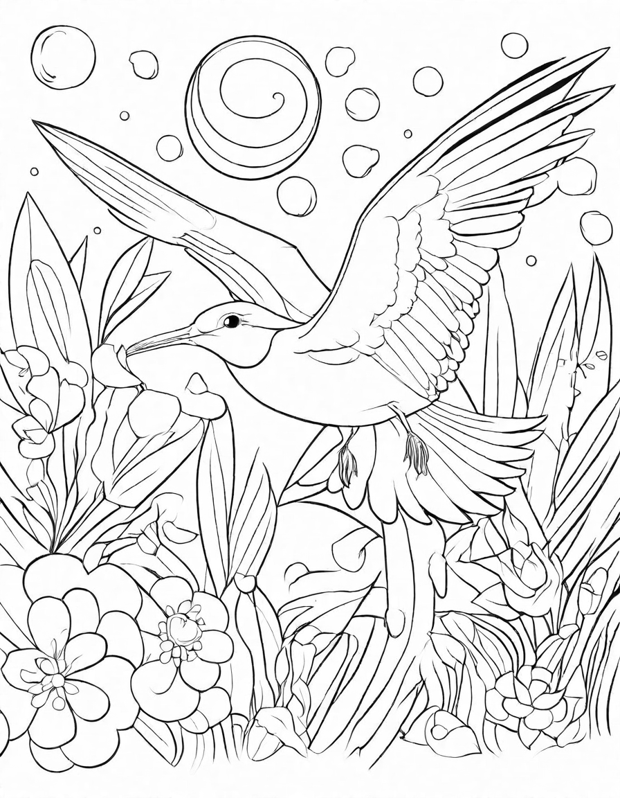 Coloring book image of arctic tern gliding with spread wings over cerulean sky and rolling waves in black and white