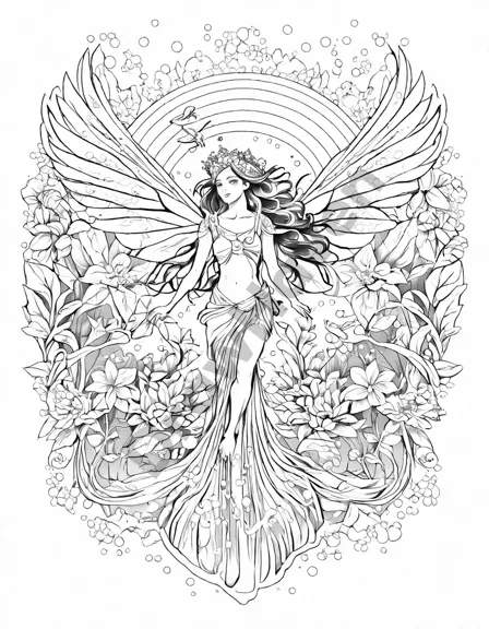 nymphs of the sparkling waterfalls coloring book image featuring graceful nymphs with translucent wings dancing among shimmering cascades and lush foliage in black and white