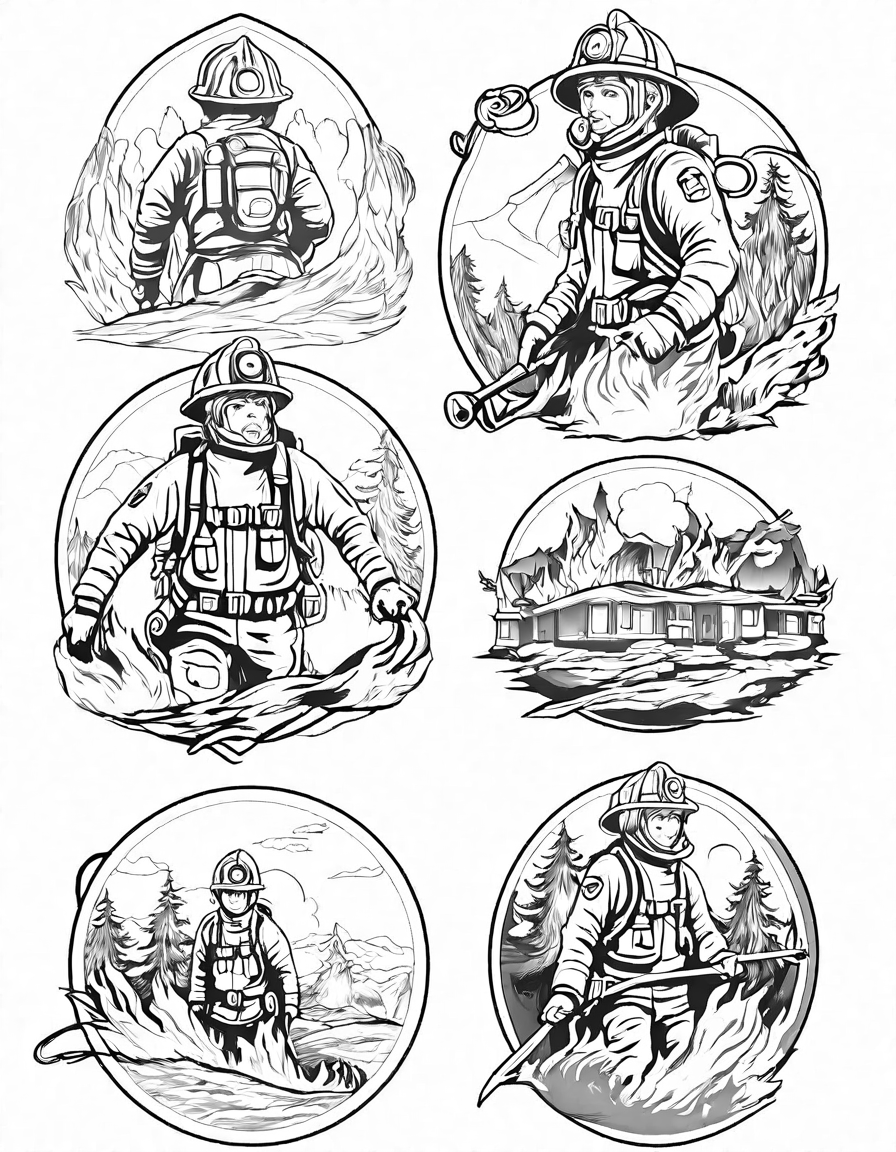 coloring page of firefighters saving lives from a fire-engulfed building with fire trucks in the background in black and white