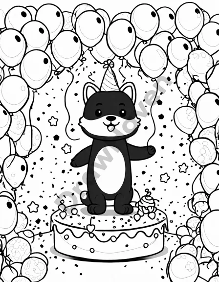 colorful party decor in a coloring book, featuring streamers, balloons, and glittery tables in black and white