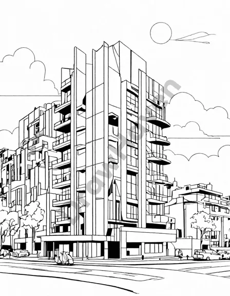 coloring page of iconic modernist architecture showcasing minimalist forms, innovative materials, and sleek lines in black and white