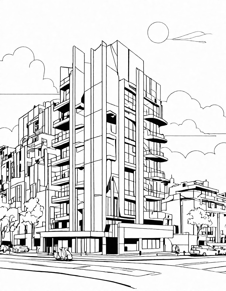 coloring page of iconic modernist architecture showcasing minimalist forms, innovative materials, and sleek lines in black and white