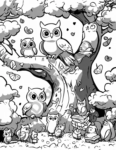 enchanted coloring page of talking animals in the kingdom of talking animals, with an owl perched on a tree and squirrels scampering through the forest in black and white