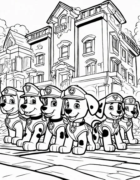 Coloring book image of marshall the dalmatian races to extinguish a fire in his firehouse rescue in black and white