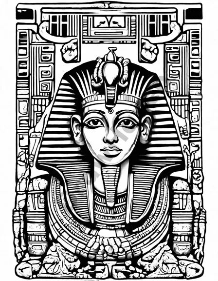 coloring page of tutankhamun's tomb with artifacts, jewelry, and hieroglyphs in black and white