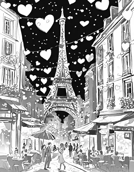 couple in paris with eiffel tower, hearts, and café on valentine's day for coloring book in black and white
