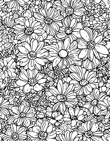 intricate floral coloring page titled 'blossoms of relaxation' featuring various flowers for stress relief and mindfulness in black and white
