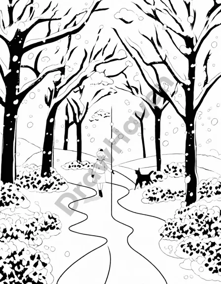Coloring book image of snow-kissed park with majestic trees and dancing snowflakes, inviting peaceful solitude and creativity in black and white