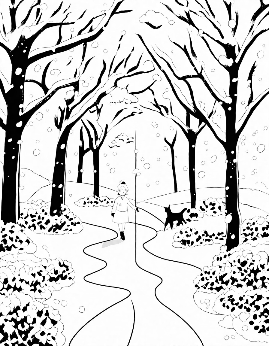 Coloring book image of snow-kissed park with majestic trees and dancing snowflakes, inviting peaceful solitude and creativity in black and white