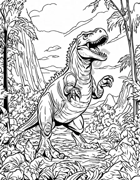 Coloring book image of tyrannosaurus rex and spinosaurus locked in battle in cretaceous jungle scene in black and white