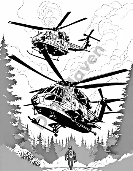 coloring book scene of firefighters in helicopters battling a wildfire from the air in black and white