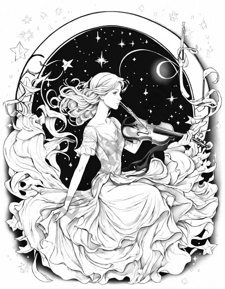 intricate coloring book page of musical instruments under a starry night sky in melodious symphony by moonlight in black and white