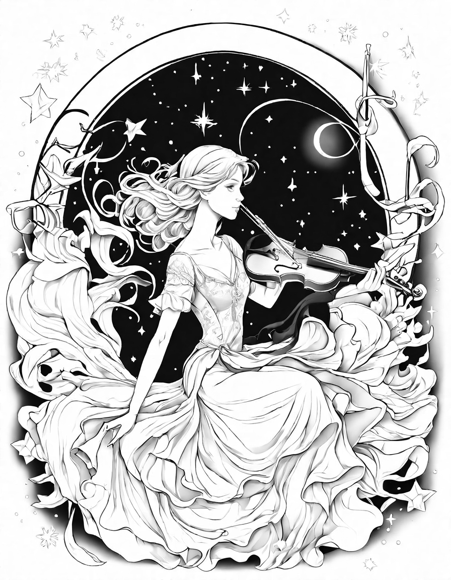 intricate coloring book page of musical instruments under a starry night sky in melodious symphony by moonlight in black and white
