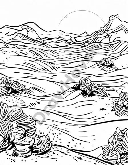 detailed desert coloring page featuring intricate patterns, textures, and shapes of the barren desert terrain in black and white
