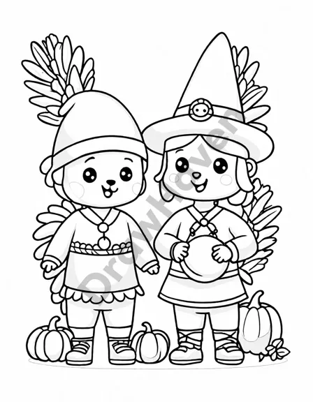 Coloring book image of children dressed as pilgrims and native americans reenact thanksgiving around a table with crafts in black and white