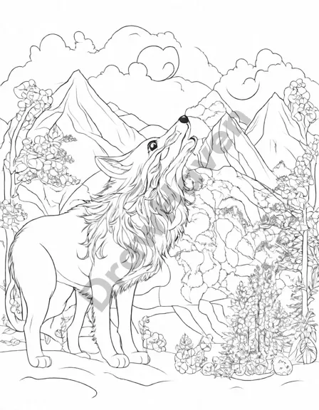 coloring book page of wolves howling on a rocky outcrop under a full moon, surrounded by pine trees in black and white