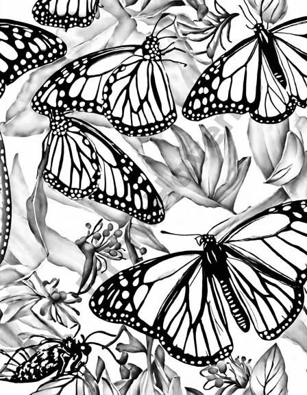 coloring book image featuring the lifecycle of a monarch butterfly, from egg to adult, with milkweed in black and white