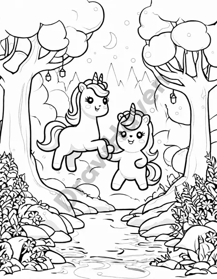 majestic unicorns in an enchanted forest coloring book image with twinkling lights in black and white
