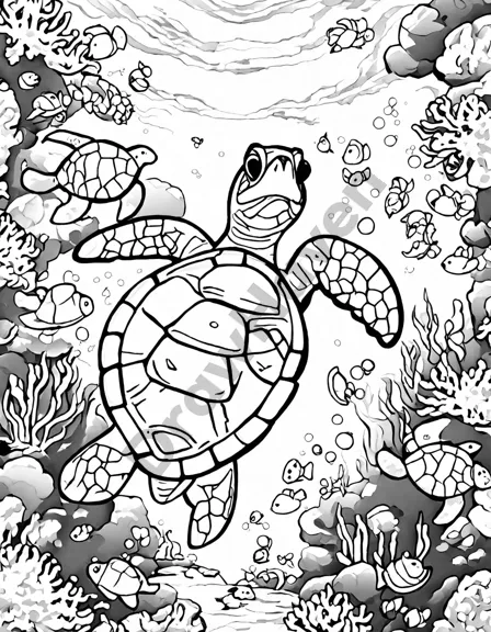 coloring page featuring sea turtles and fish in a vibrant seagrass meadow underwater in black and white